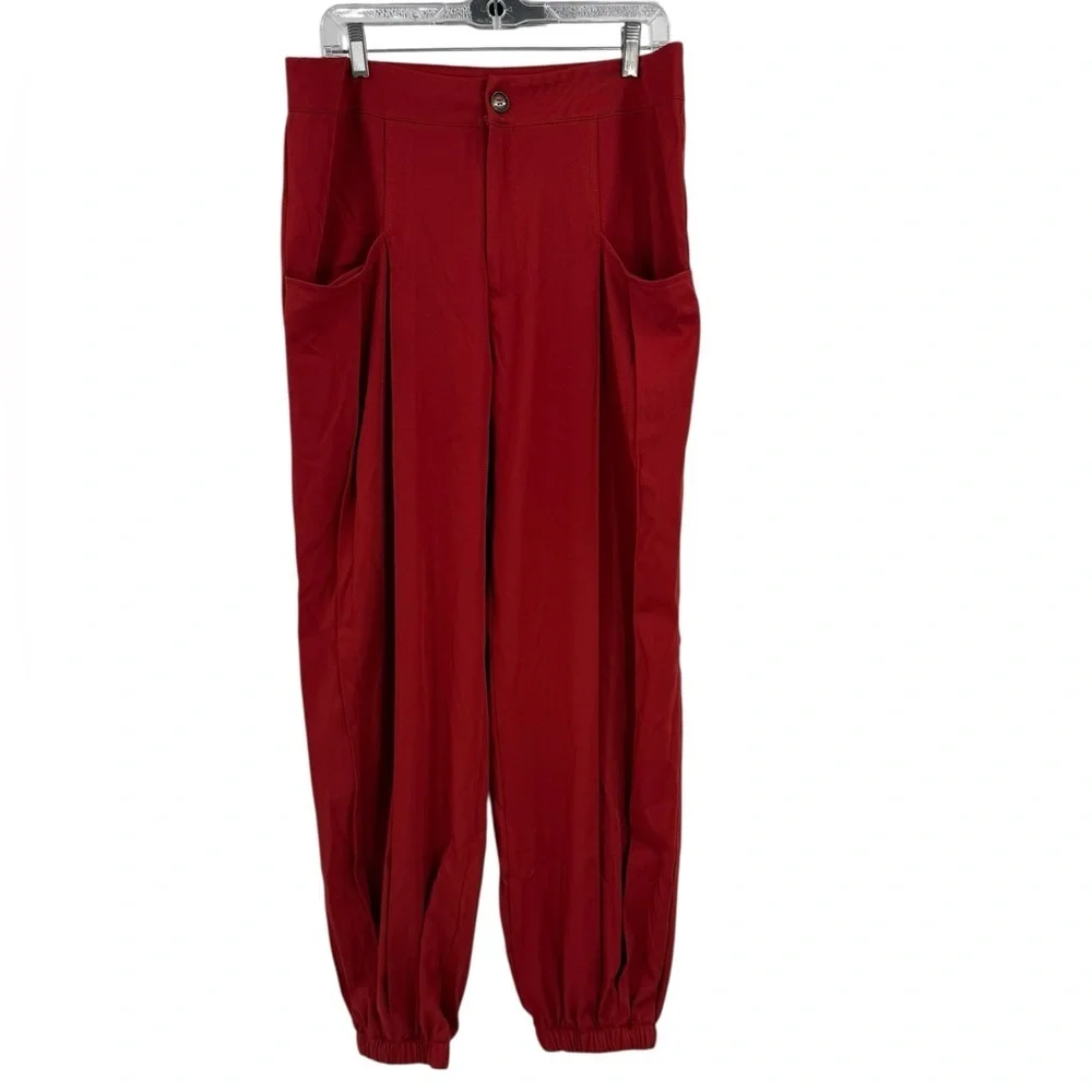 Red High-Waist Pleated Balloon Pants XL | Wide Pocket Tapered Cuff Trousers